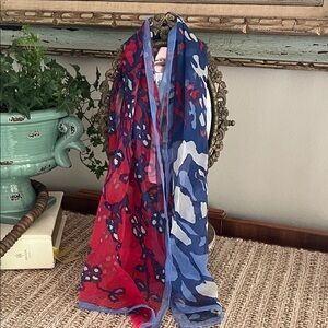 Vintage Sheer Abstract Floral Print Scarf in Red, Navy and White